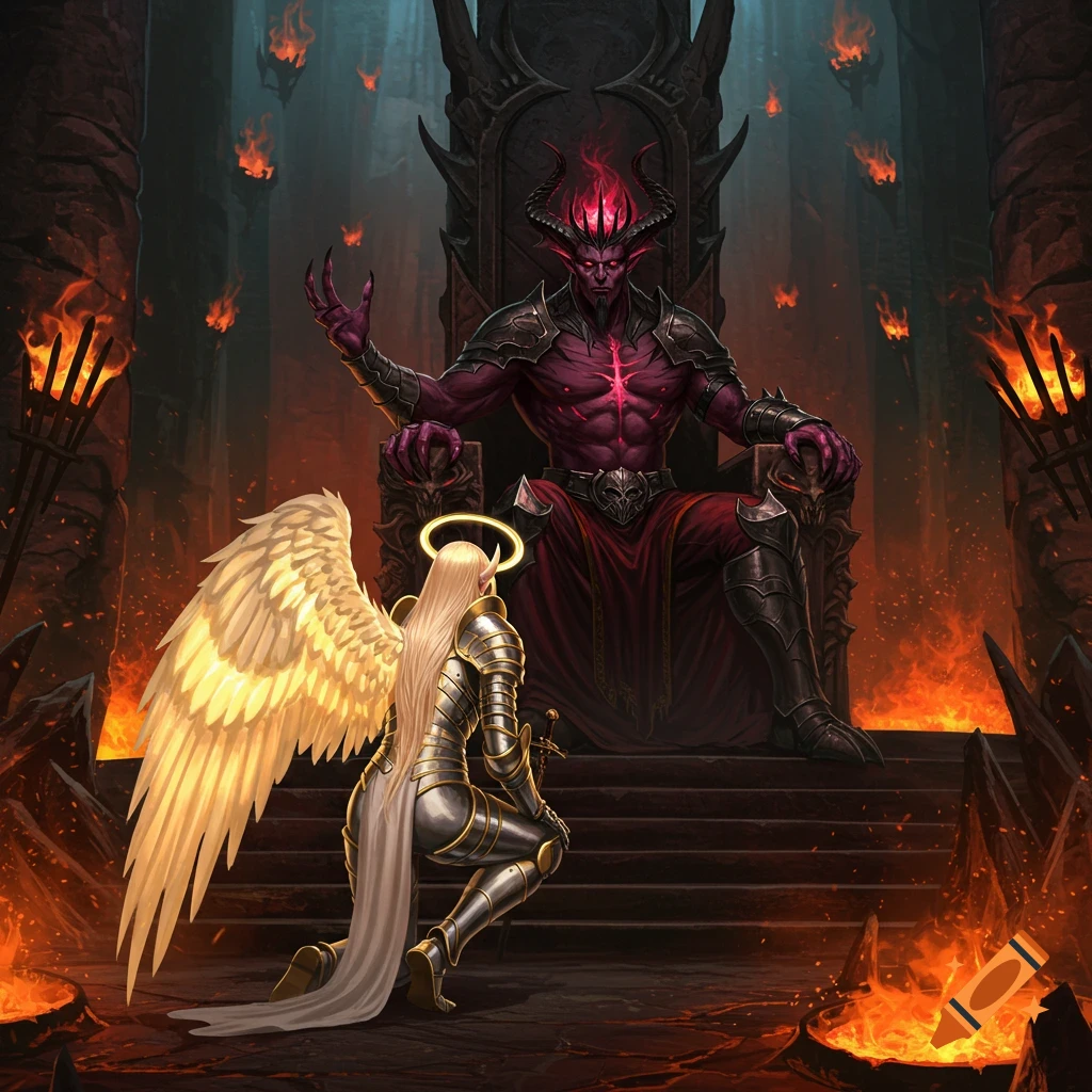 An angel in shining armor kneels before a horned demon on a throne in a fiery chamber.