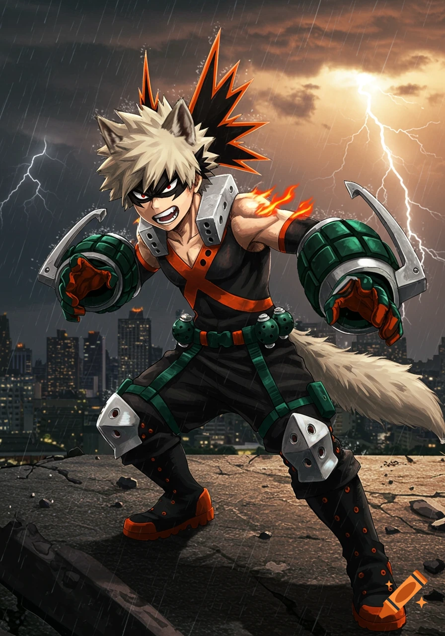 An anime illustration of Bakugo from My Hero Academia with wolf ears and tail, in an action pose on a rooftop during a lightning storm.