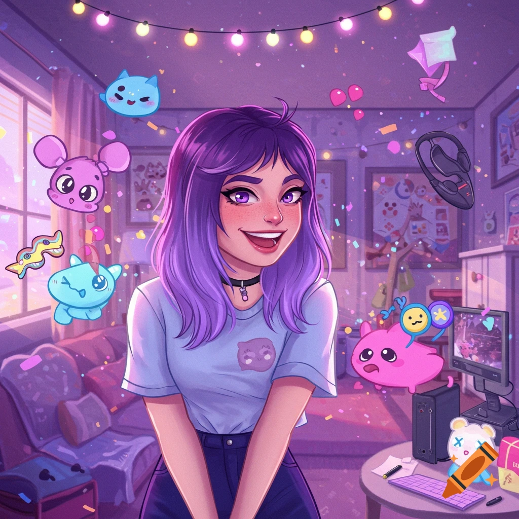 A smiling girl with purple hair in a vibrant, purple room filled with floating cartoon creatures and confetti, in a whimsical cartoon illustration style.