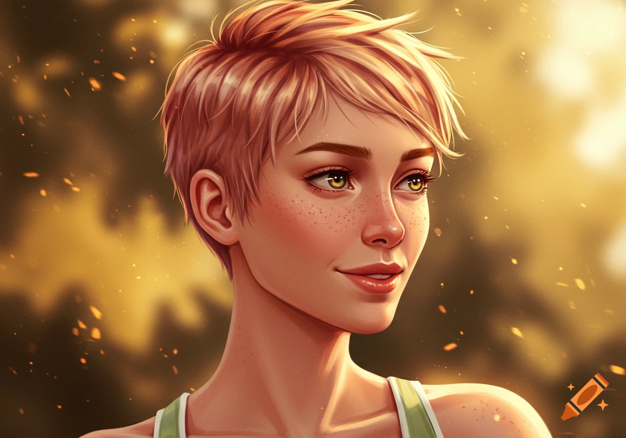 A close-up digital painting of a woman with short strawberry blonde hair, freckles, and green eyes, smiling in sunlight.