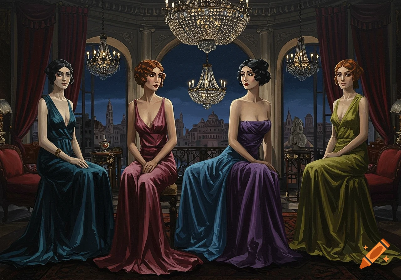 Painting of four women in elegant dresses sitting in a lavish room with chandeliers and a city view at night.