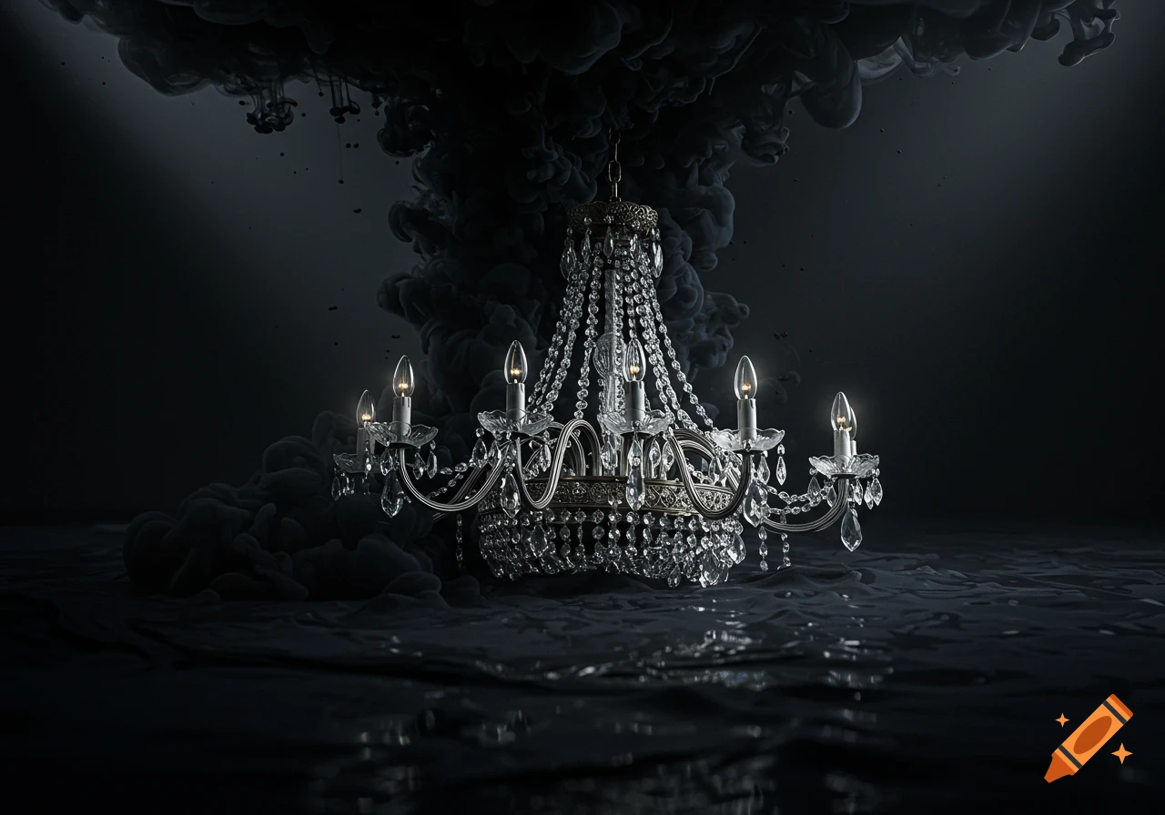 A glittering chandelier emerges from dark, swirling ink on a reflective black surface, glowing in a dim room.