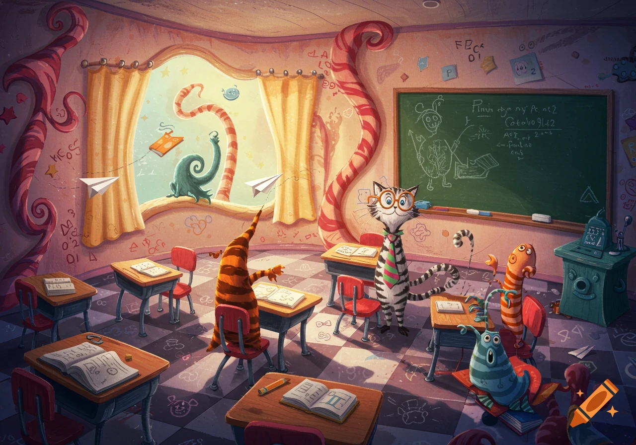 A whimsical, colorful Dr. Seuss-inspired classroom scene with a striped cat teacher, a striped creature student throwing a paper airplane, and other fantastical creatures among desks and a blackboard.