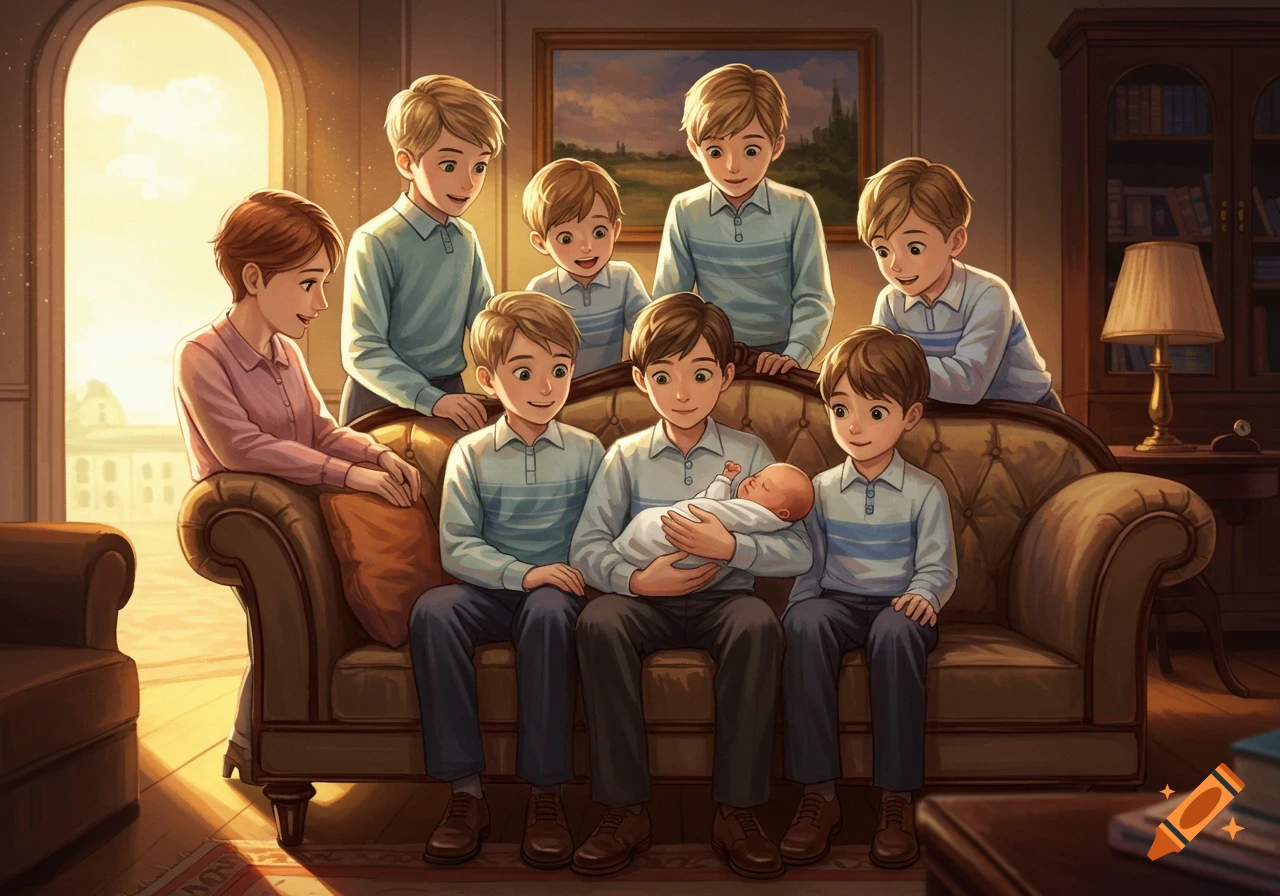 A woman and seven boys, including a newborn baby, are gathered around and on a sofa in a warm, sunlit room, depicted in a realistic illustrated style.