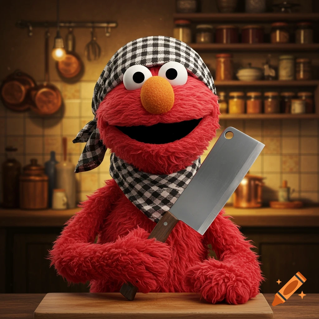 Elmo, wearing a black and white checkered headscarf, holds a large meat cleaver in a kitchen setting.