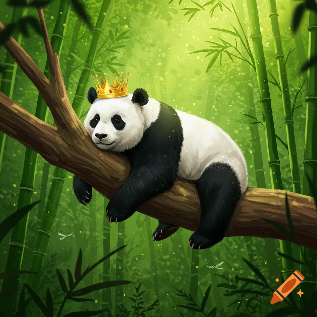A cute panda wearing a golden crown relaxes on a tree branch in a vibrant bamboo forest with light filtering through the leaves.