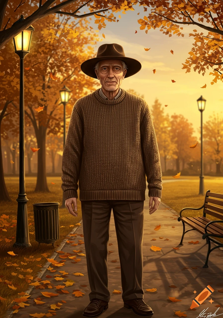 An old man in a hat and sweater standing on a leaf-covered path in an autumnal park with streetlights and a bench.