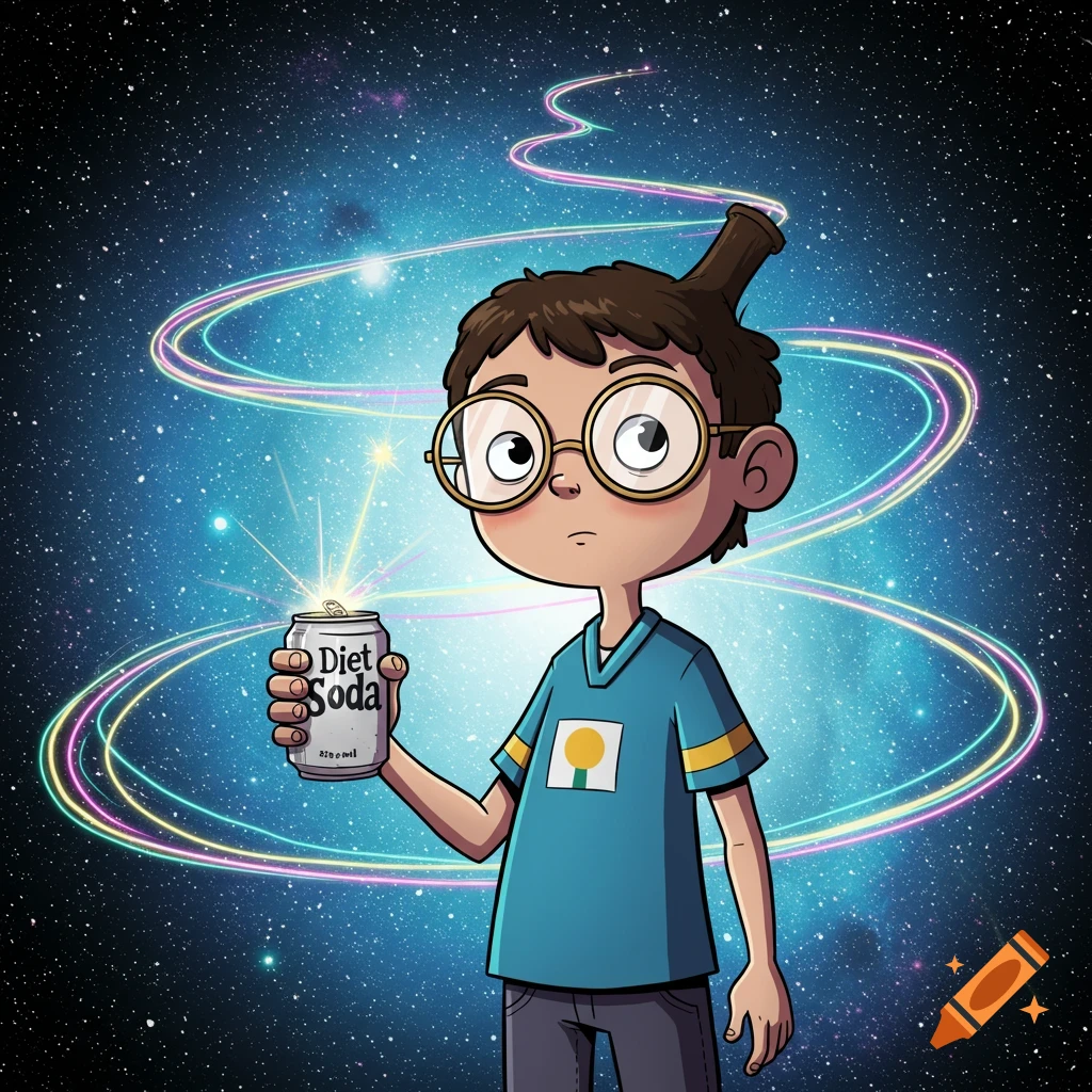 A cartoon boy with round glasses holds a sparking can of Diet Soda in a starry space background with colorful glowing trails.