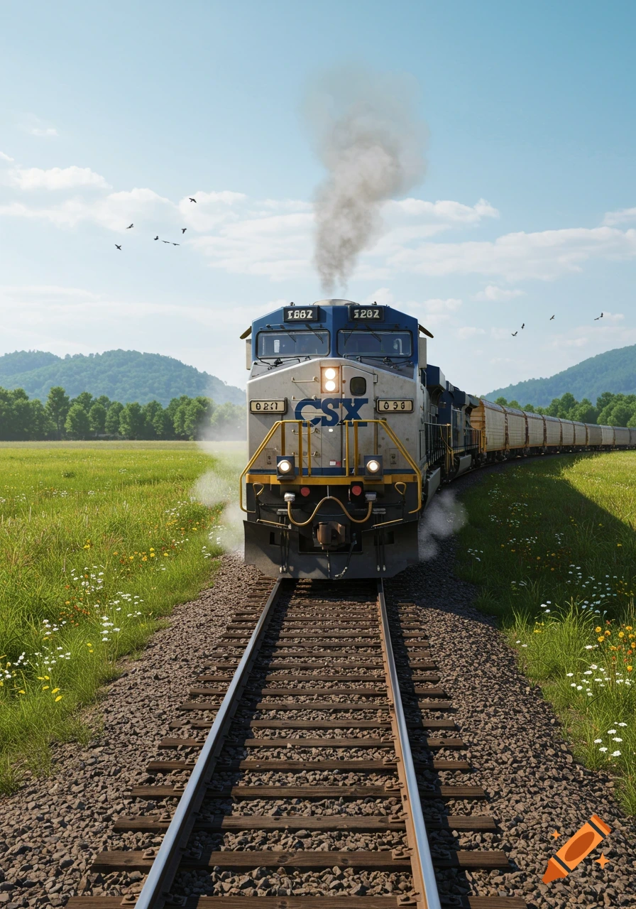 A photorealistic image of a CSX train moving along tracks through a vibrant green field with hills in the background under a blue sky.