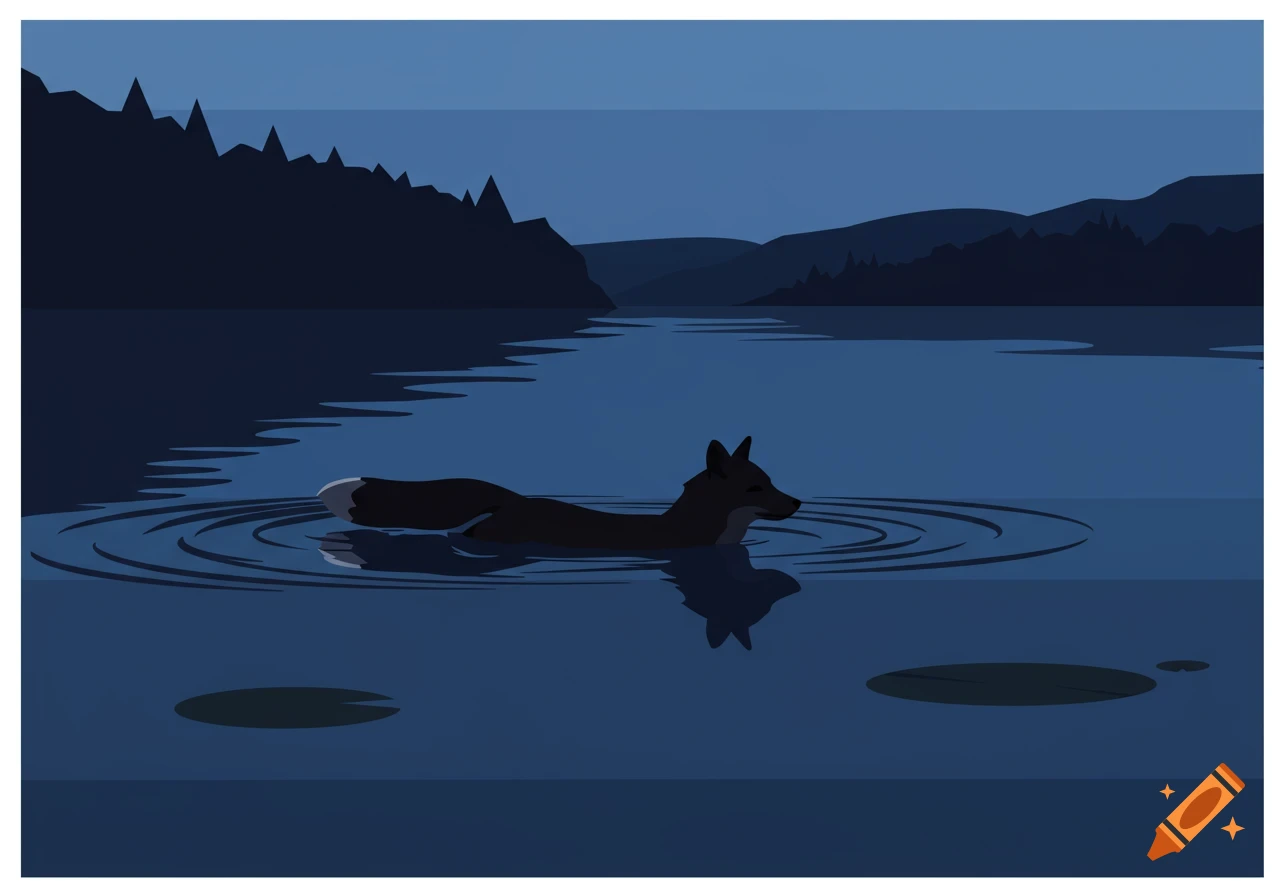 A black fox swims in a dark blue lake surrounded by dark mountain silhouettes at dusk in a flat illustration style.