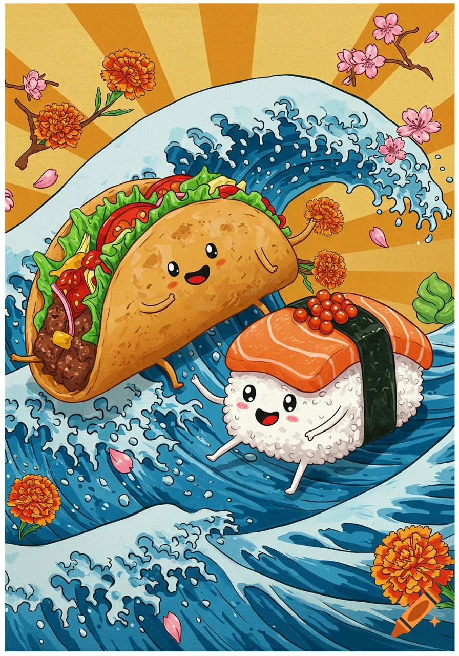 A whimsical cartoon illustration of a happy taco and a smiling sushi piece surfing on a large blue wave, with a sunny yellow background and scattered flowers.