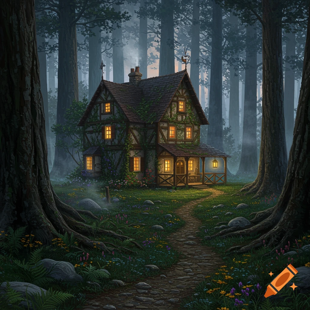 A charming, illuminated cottage nestled deep within a dark, enchanted forest, with a stone path leading to its glowing windows.