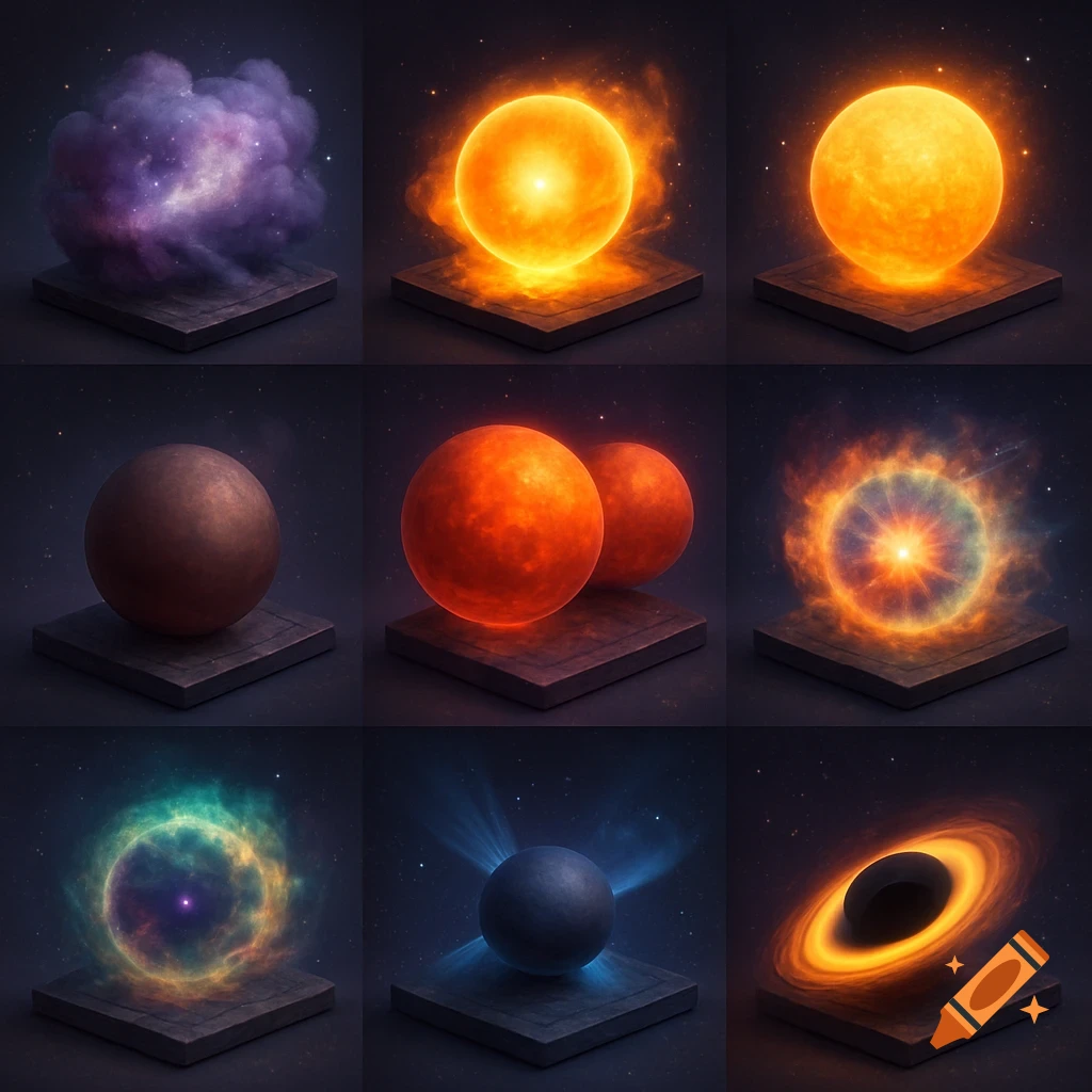 A grid of nine stylized celestial objects, including a nebula, stars, planets, and a black hole, each on a dark square base in space.