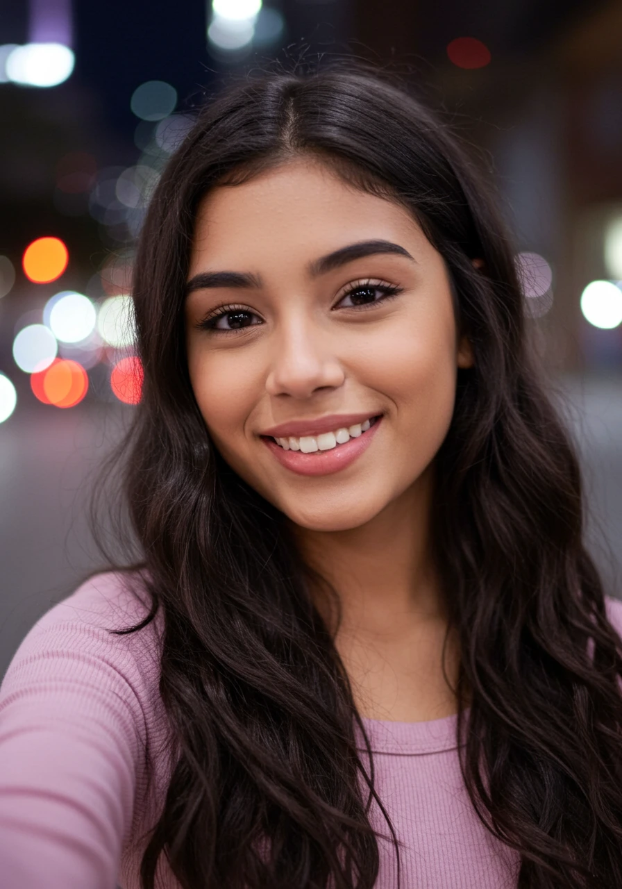 Photorealistic selfie of a beautiful young Hispanic woman smiling with blurred city lights at night.