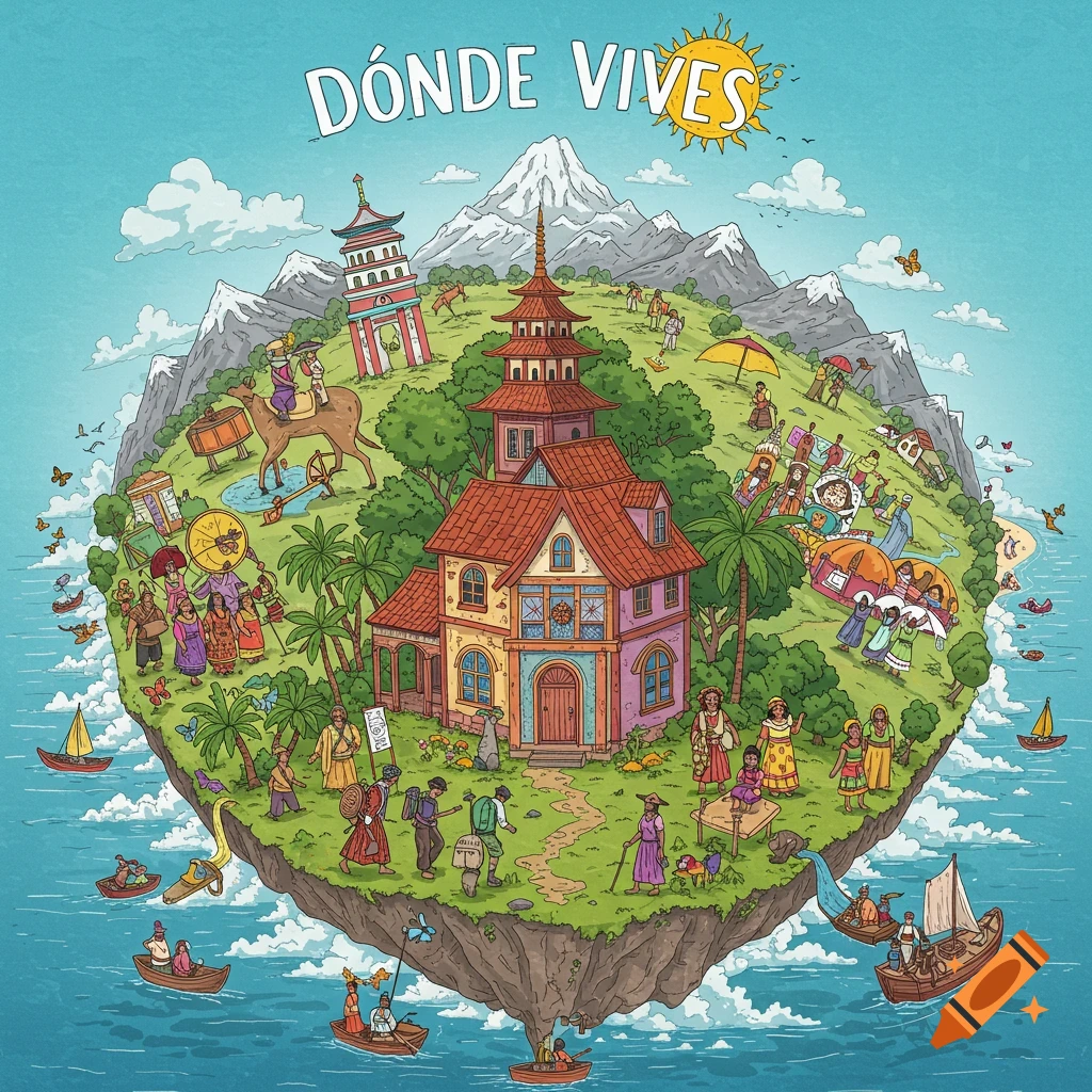 Whimsical illustration of a floating island world with diverse people, traditional architecture, mountains, and water, titled "DÓNDE VIVES".