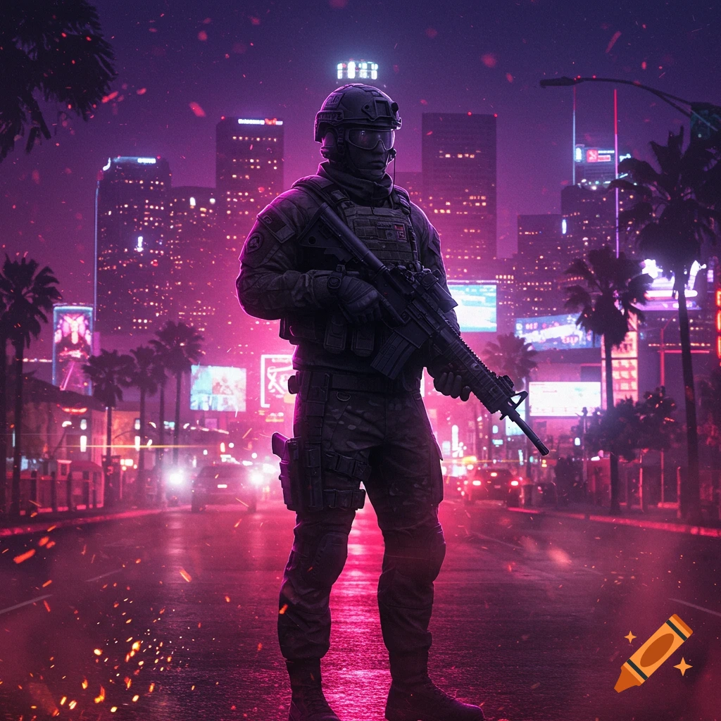 A soldier in tactical gear holds a rifle on a neon-lit, rainy city street at night, with glowing skyscrapers in the background.