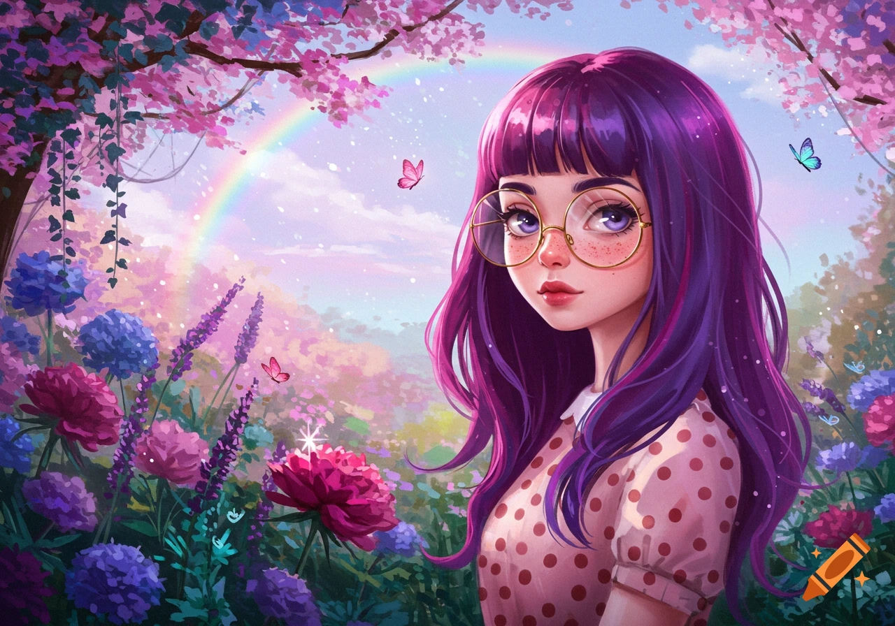 An anime-style girl with purple hair and glasses in a vibrant, flowery garden with a rainbow.