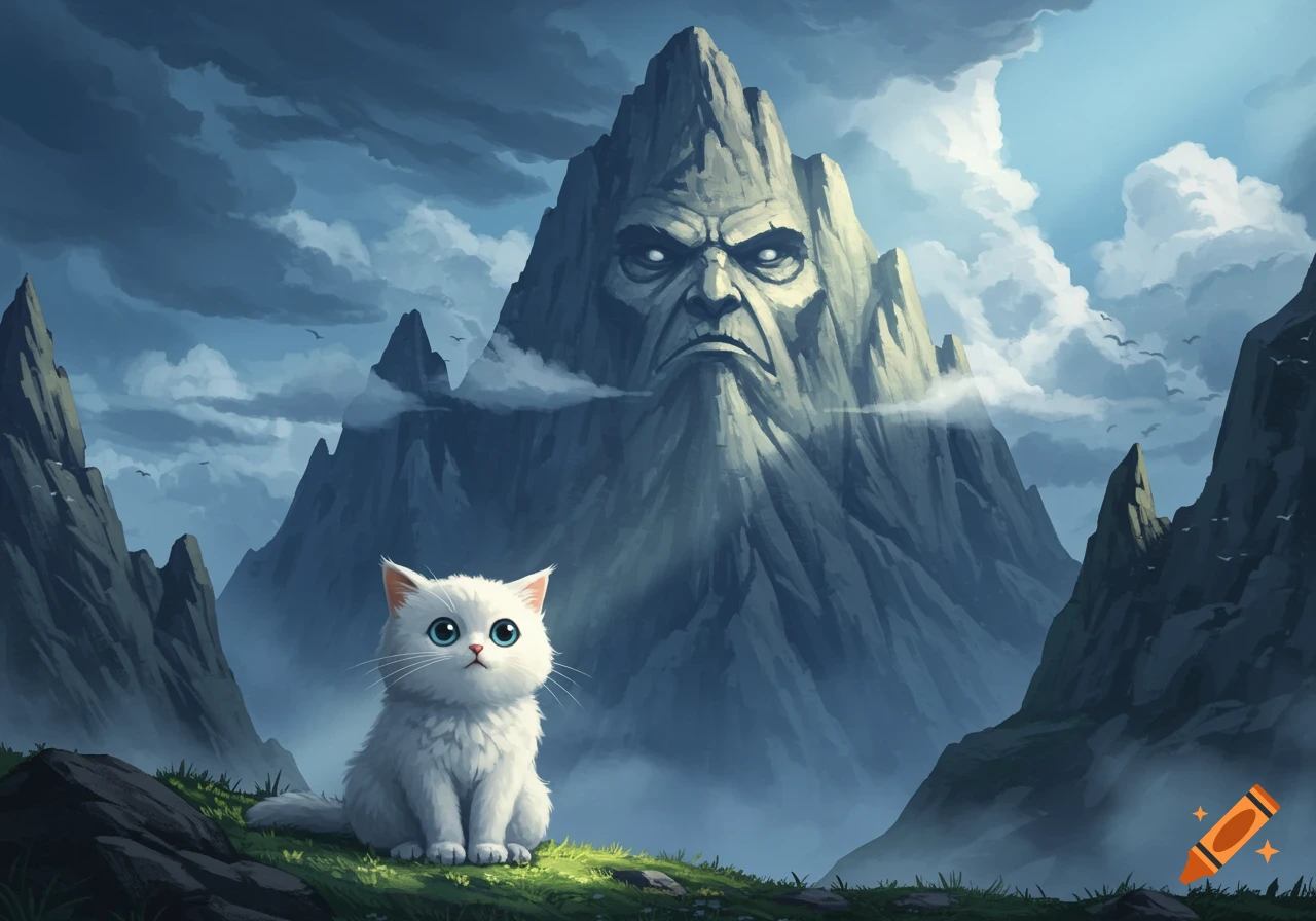 A fluffy white cat sits on a grassy hill in front of a massive, angry-faced mountain in a misty fantasy landscape.