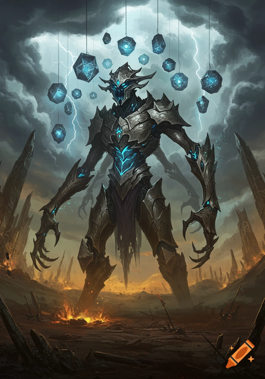 A colossal armored fantasy creature with glowing blue energy, standing in a desolate, burning landscape under a stormy sky with floating geometric objects.