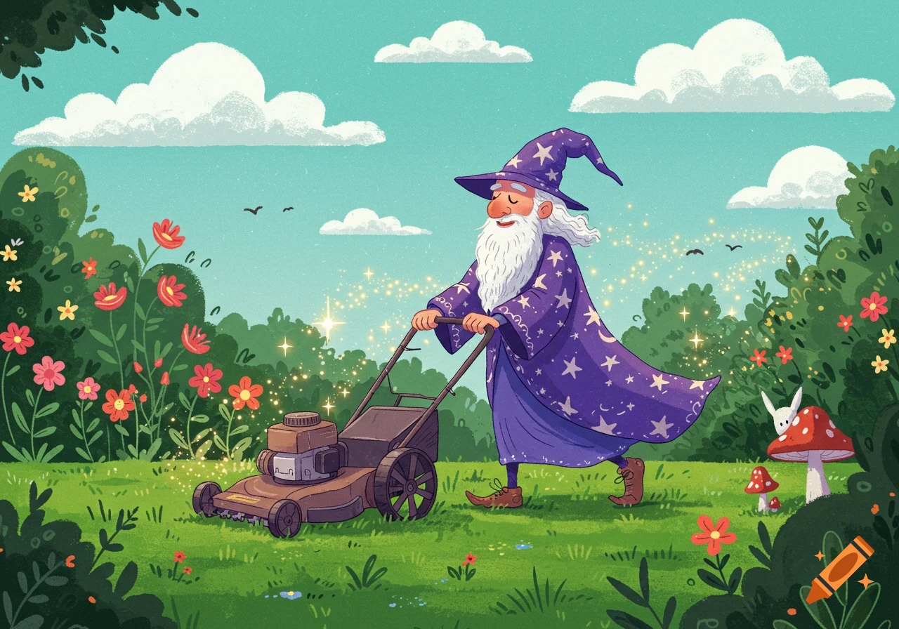 A cartoon wizard in a purple, star-patterned robe pushes a lawnmower, leaving a trail of golden sparkles in a vibrant green garden with flowers.