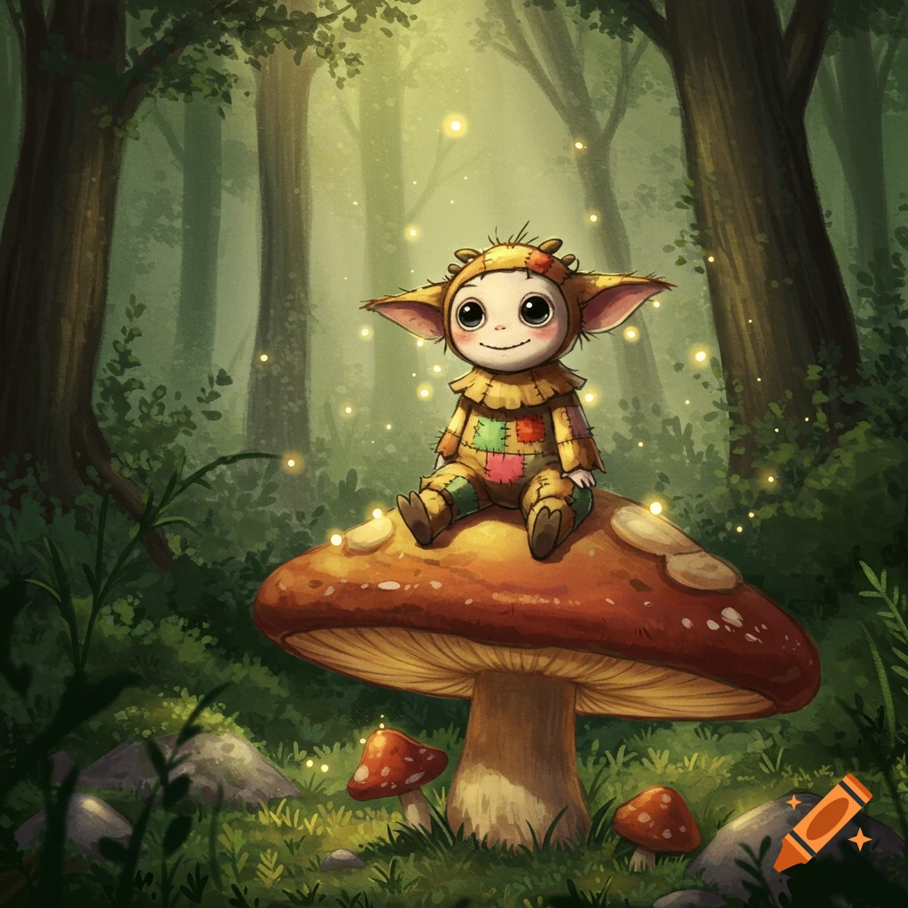 Cute patched creature with big eyes sitting on a large mushroom in a magical forest with glowing fireflies.