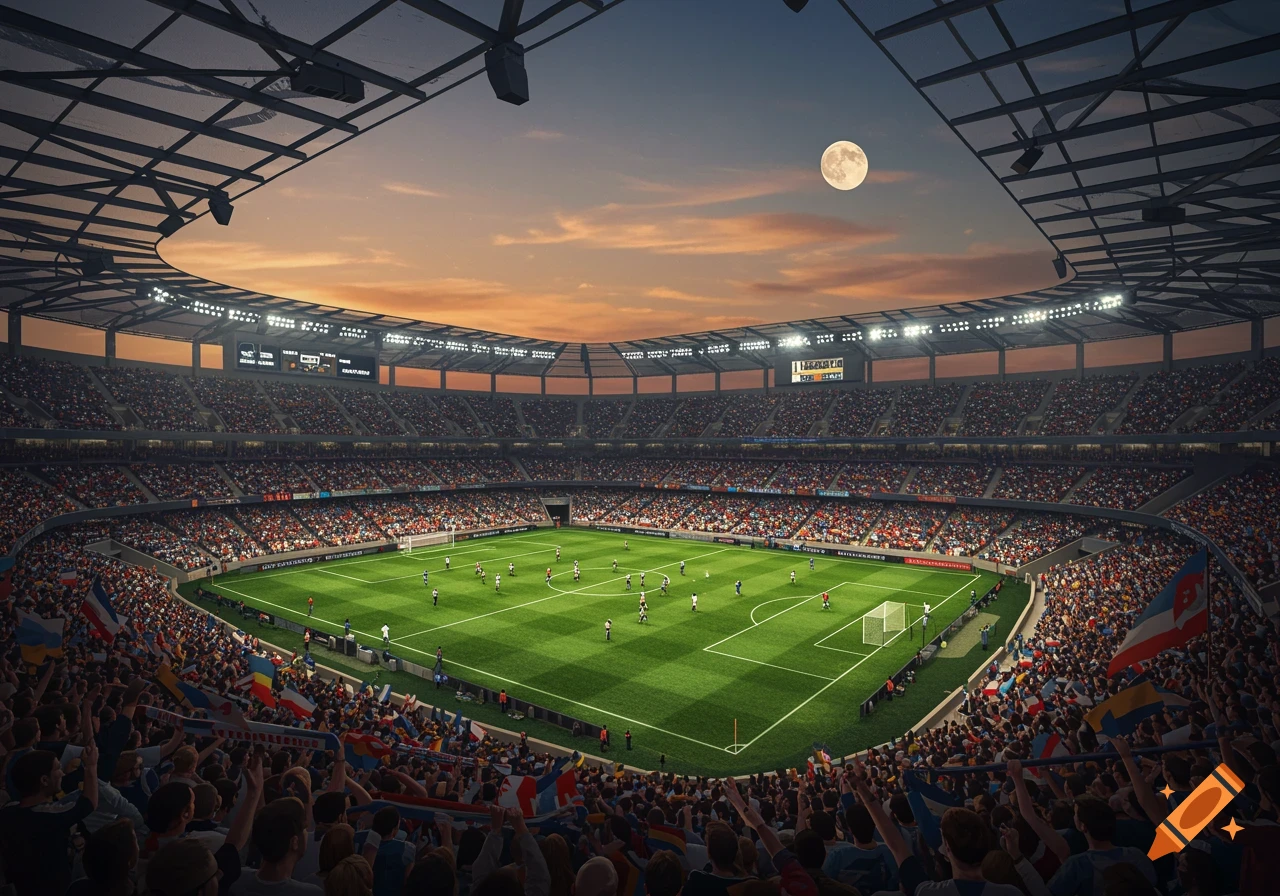 A wide, high-angle shot captures a professional soccer match in a large stadium, filled with cheering fans, under a sunset sky with a full moon.