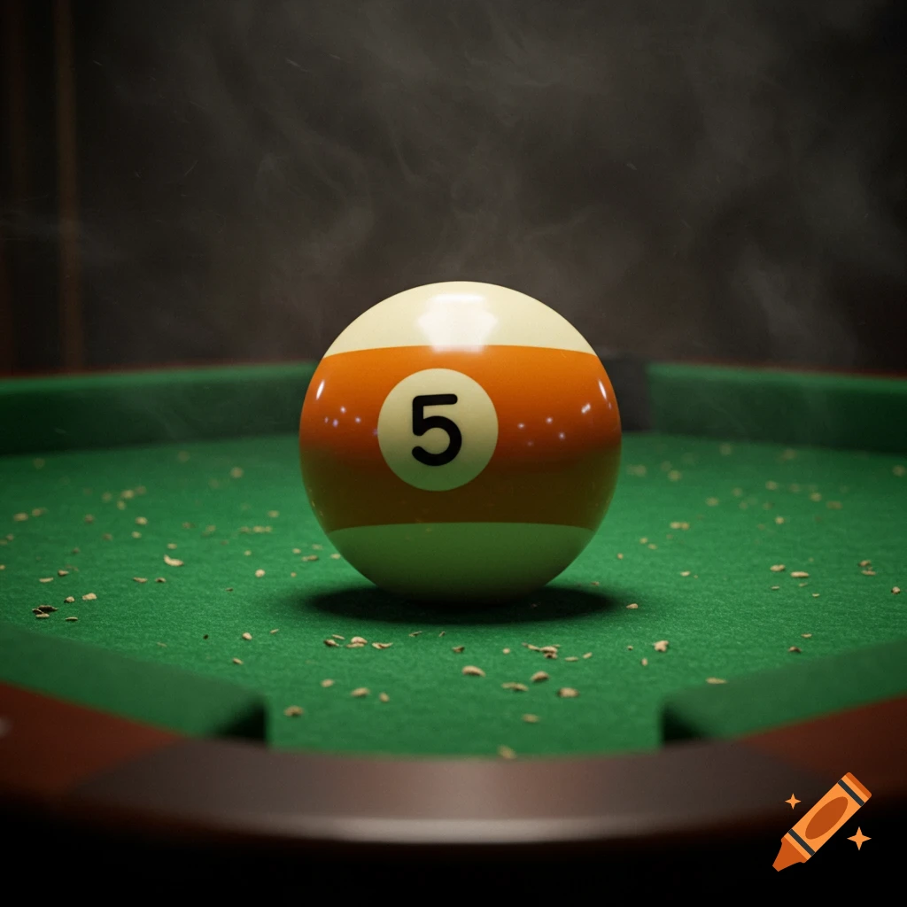 A close-up of an orange and white striped pool ball with the number 5, resting on a green felt pool table.