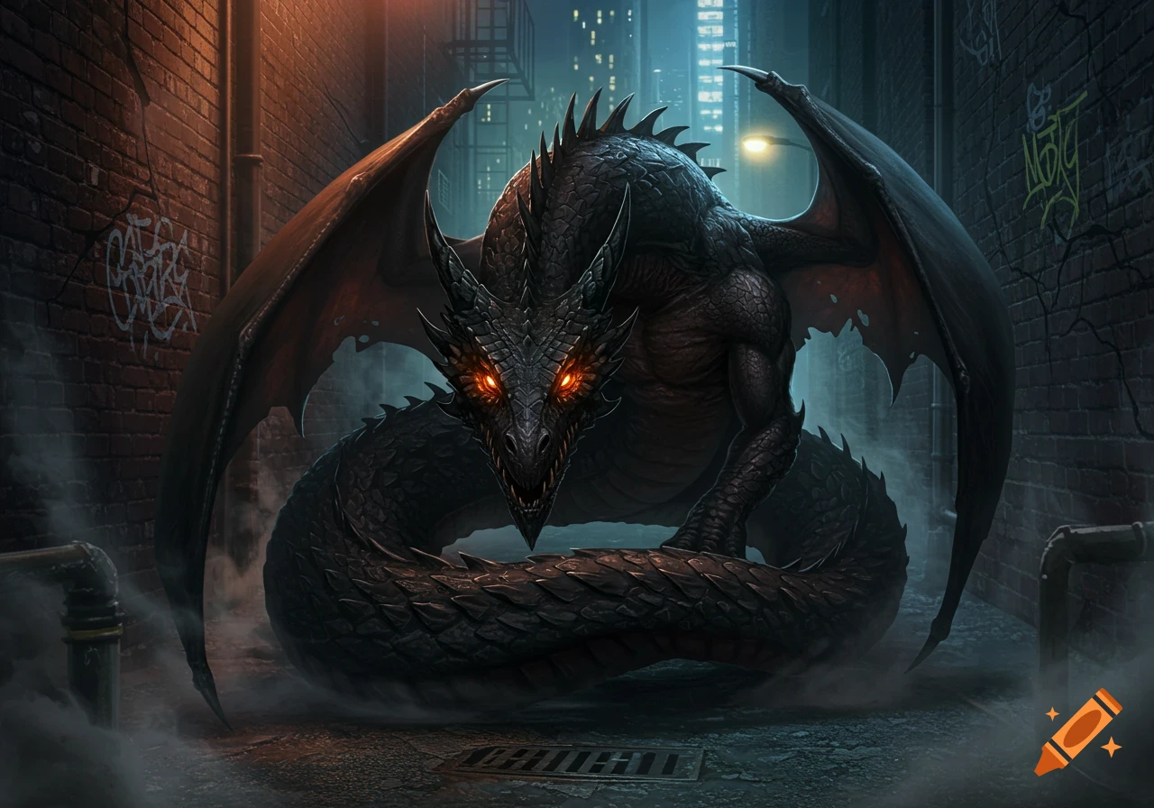 A powerful black dragon with glowing red eyes sits in a dark, grimy urban alleyway with brick walls and steam.