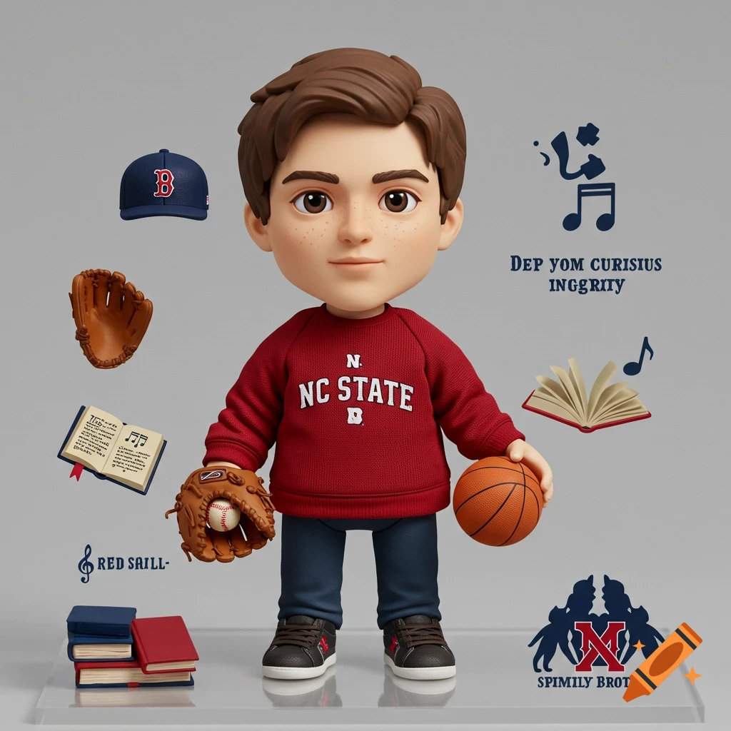 A stylized action figure with brown hair wearing a red NC State sweatshirt, blue jeans, and sneakers. It holds a basketball and a baseball glove with a baseball. A Red Sox cap, books, and music notes with garbled text float around it, all on a clear stand.