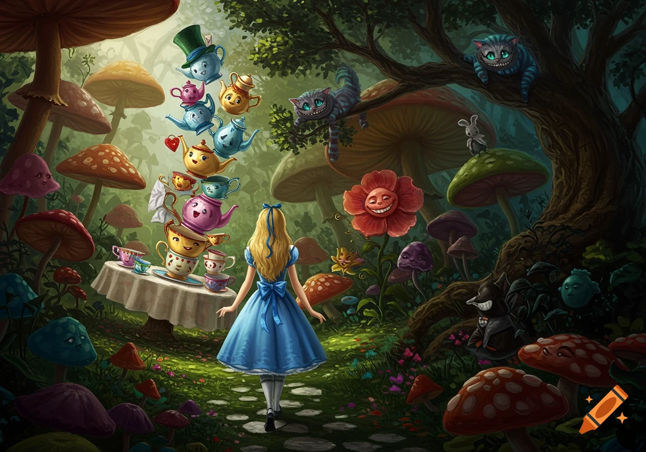 Alice in a blue dress walks through a vibrant, whimsical mushroom forest with smiling flowers, flying teacups, and the Cheshire Cat.