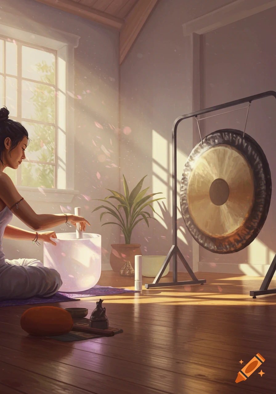 A woman in a sunlit room practices sound healing with a crystal singing bowl, a large metal gong stands nearby.