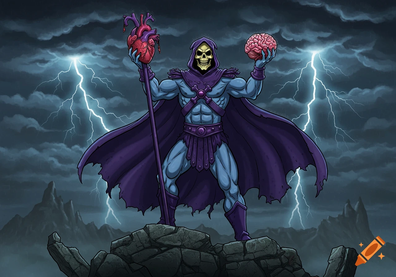 Skeletor stands on a rocky peak with lightning striking, holding a bloody heart and a brain, in a cartoon style.
