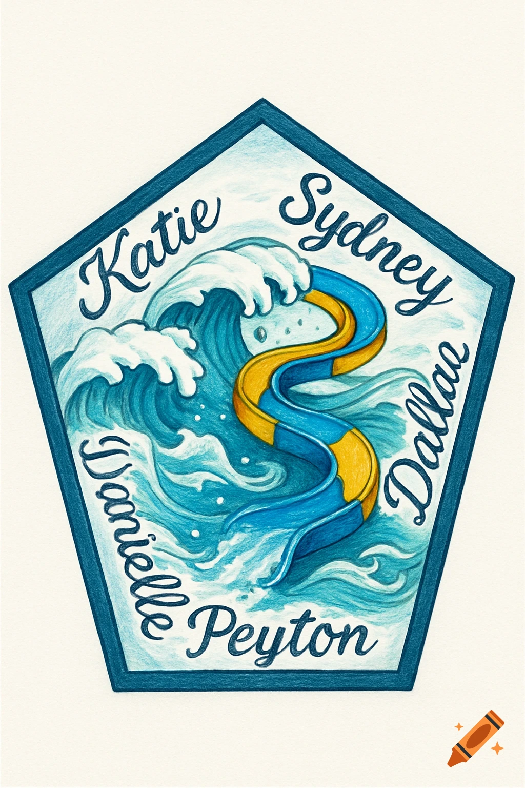 A colored pencil illustration of a blue and yellow waterslide and waves within a pentagon formed by the names Katie, Sydney, Dallaa, Danielle, and Peyton.
