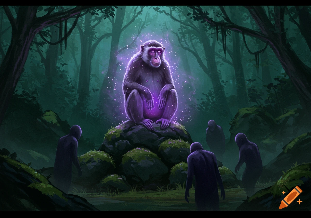 A glowing monkey with a purple aura sits on a rock in a dark forest, surrounded by shadowy figures bowing.