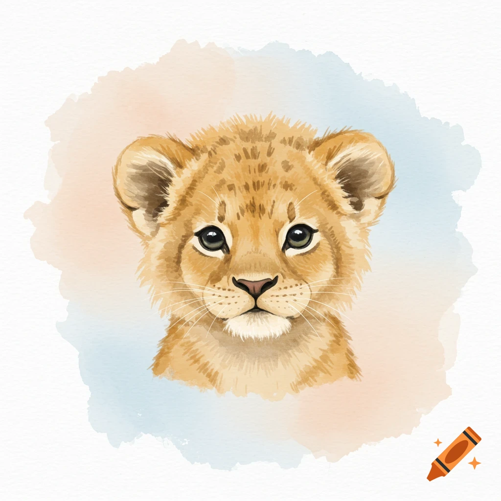 A cute baby lion cub watercolor illustration with a soft pastel background.