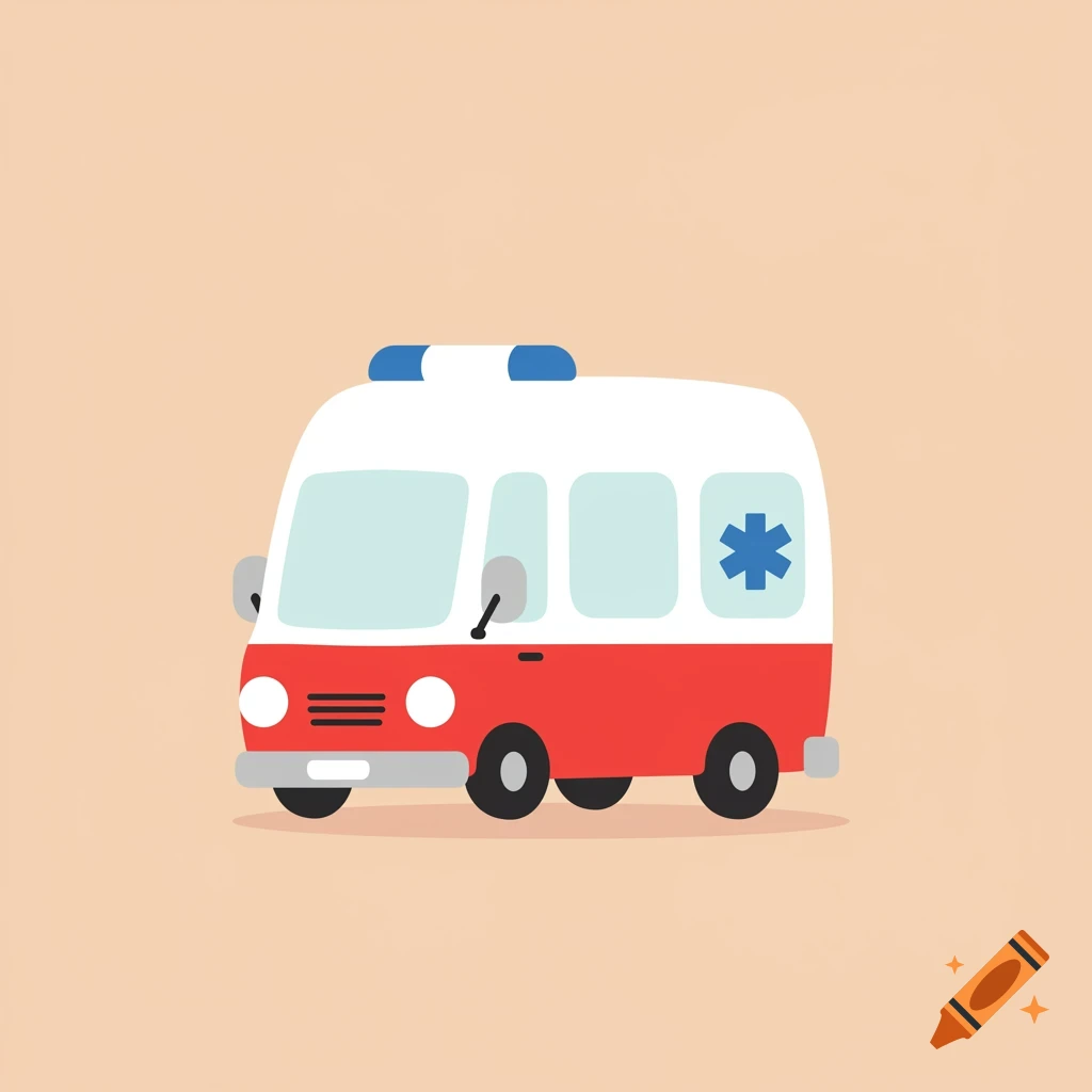 A flat, simple cartoon illustration of a red and white ambulance with a blue Star of Life symbol on a light peach background.