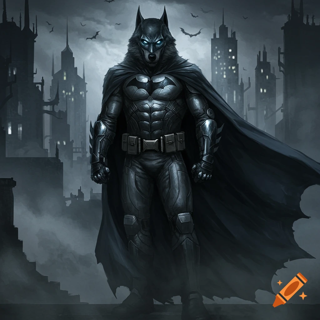 A dark, atmospheric digital artwork of a muscular Batman-like figure with wolf features and glowing blue eyes in a gothic city at night.