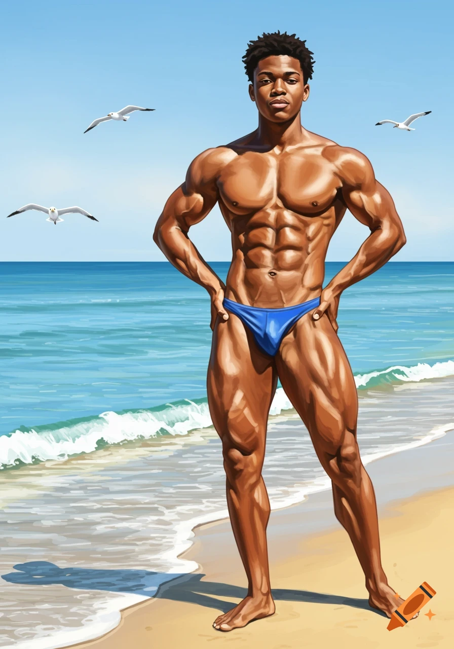 A muscular man in a blue speedo poses on a sandy beach with the ocean and seagulls under a clear sky, in an illustrated style.