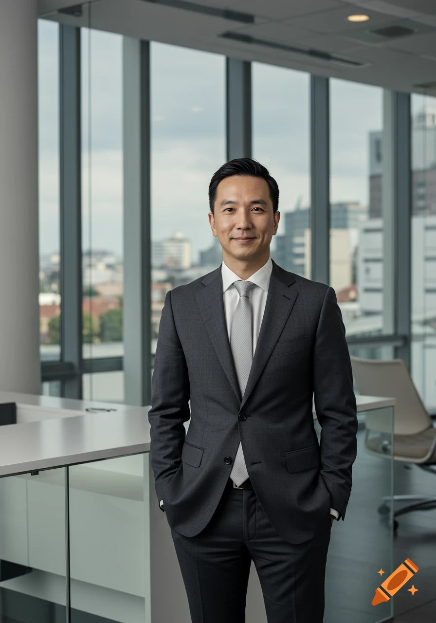 A photorealistic portrait of an East Asian man in a dark suit standing in a modern office.