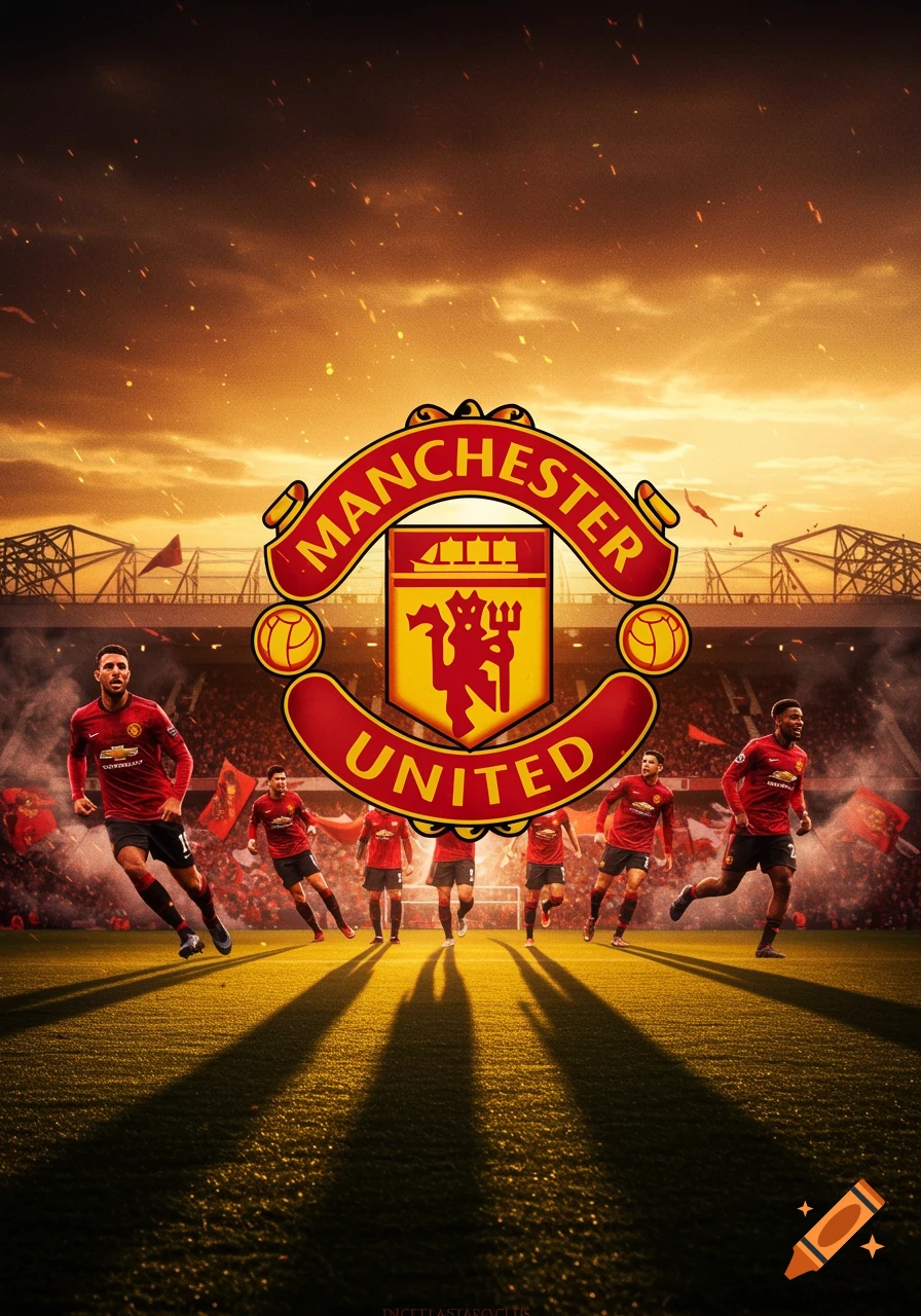 The Manchester United logo floats above football players in red jerseys on a field under a dramatic orange sky.