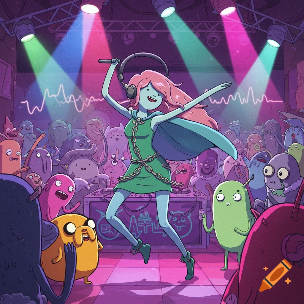 A character from Adventure Time with pink hair dances in a nightclub with various cartoon monsters, vibrant lights, and a DJ booth.