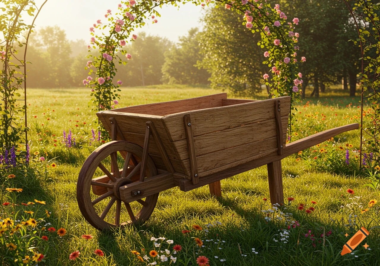 A wooden wheelbarrow sits in a sunlit, wildflower-filled meadow under an arching trellis adorned with pink roses.