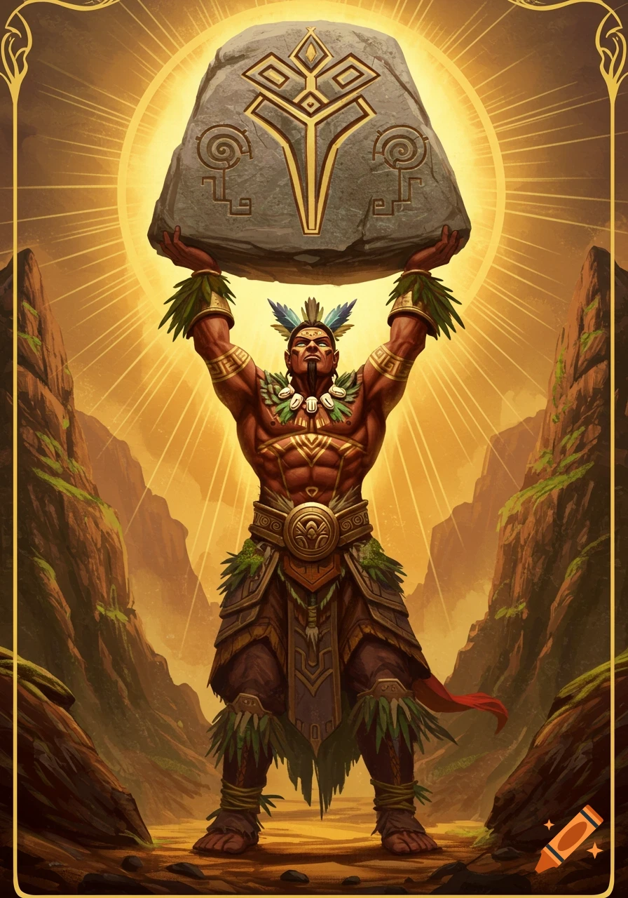 A muscular tribal shaman lifts a large stone with a glowing symbol over his head, set against a golden valley at sunset.