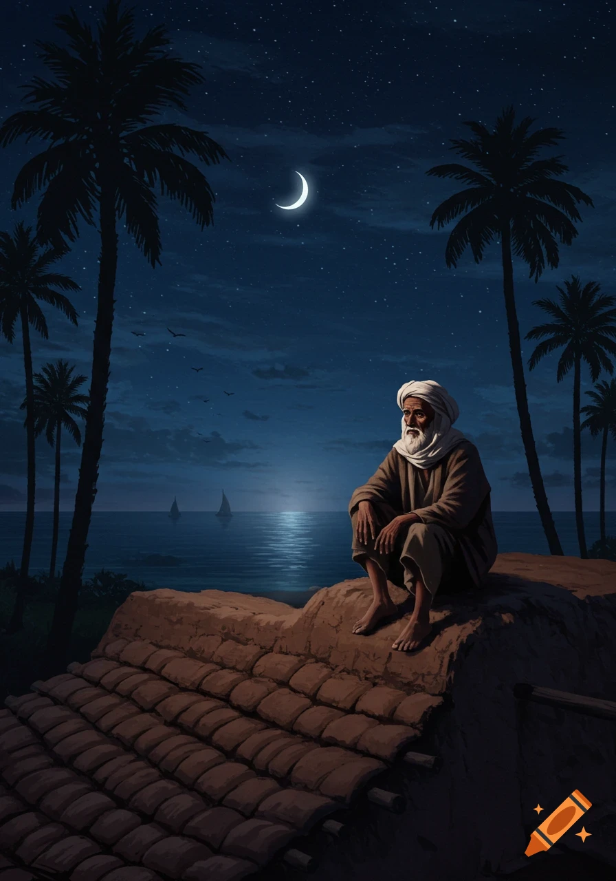 An old man in a turban sits on a tiled roof at night, gazing at the crescent moon over the starry sea with palm trees silhouetted.