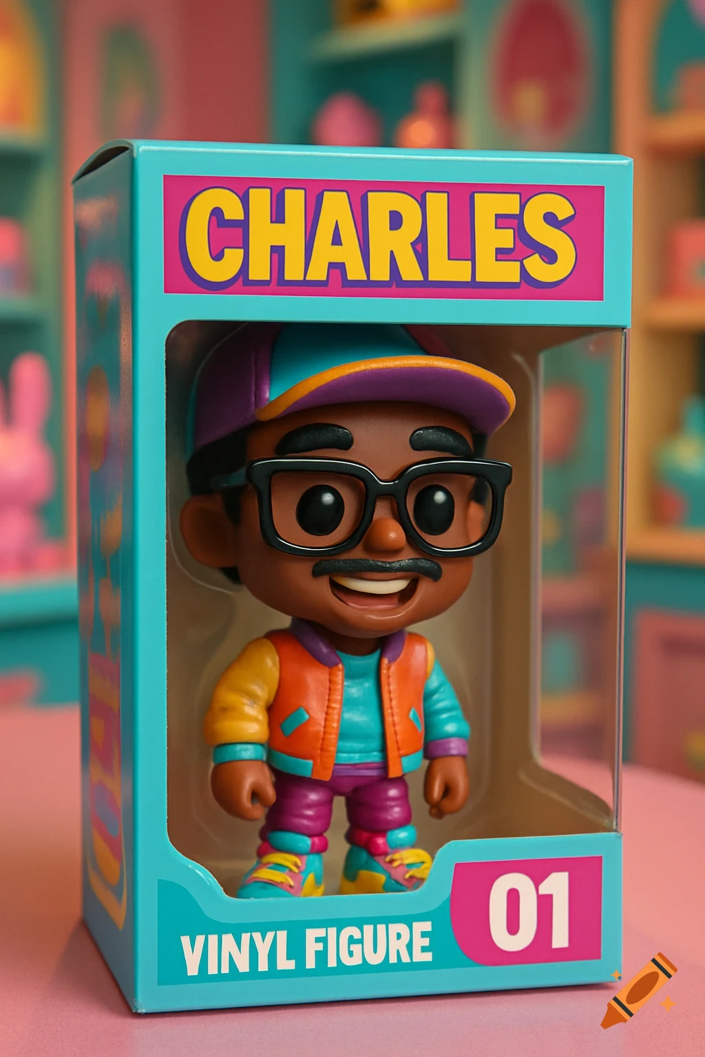 A collectible vinyl figure of a dark-skinned man with a mustache, glasses, and colorful clothes in a display box labeled CHARLES.