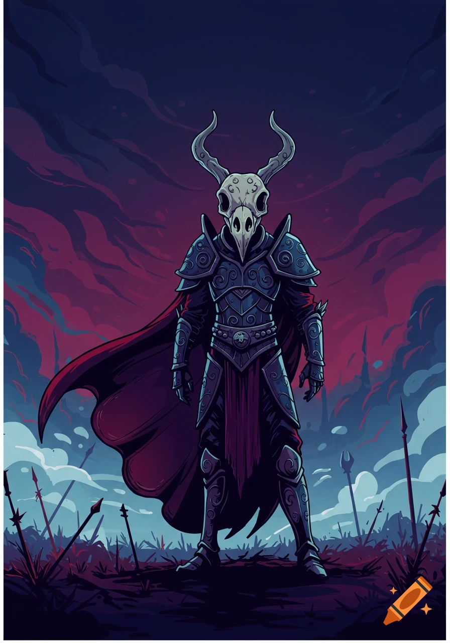 A stylized fantasy warrior with a bird skull for a head, dark armor, and a red cape stands on a battlefield with spears.