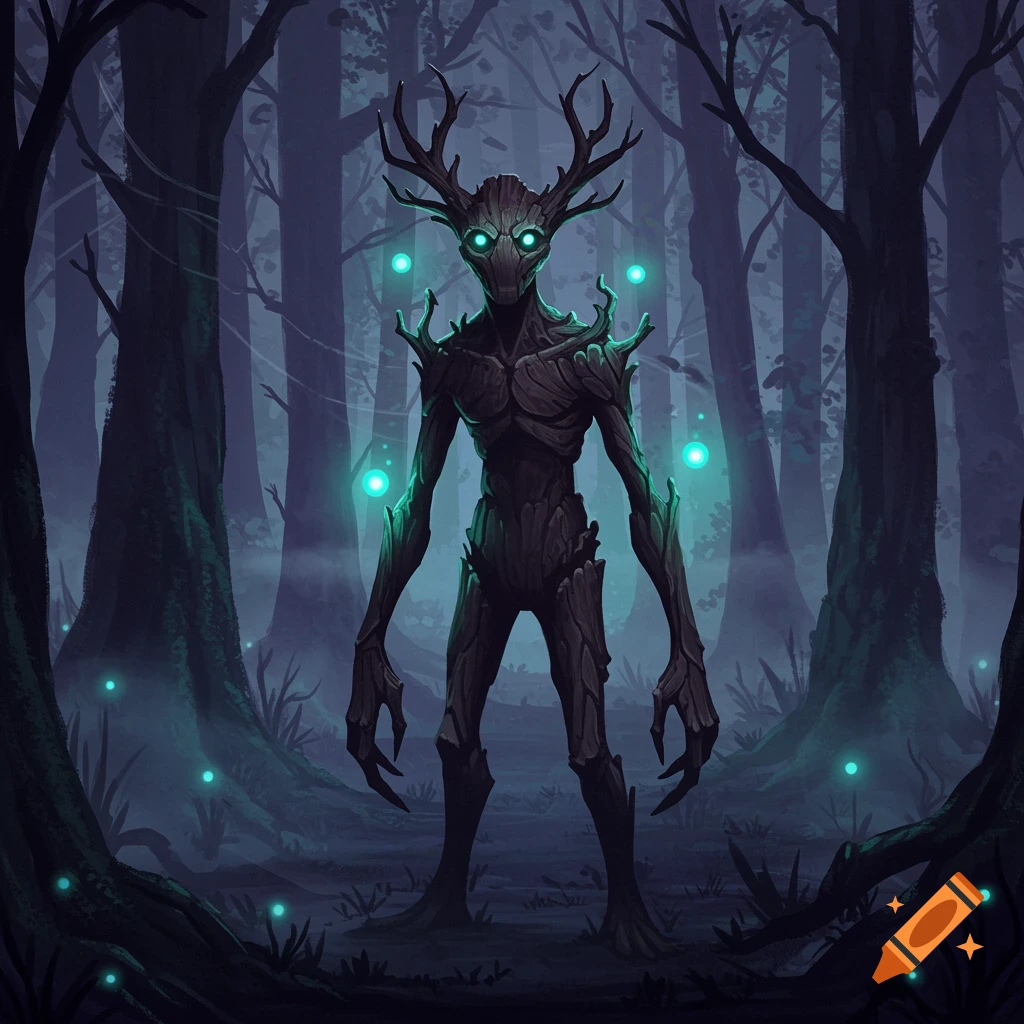A mysterious tree-like creature with antlers and glowing eyes stands in a dark, misty forest, surrounded by small glowing orbs.