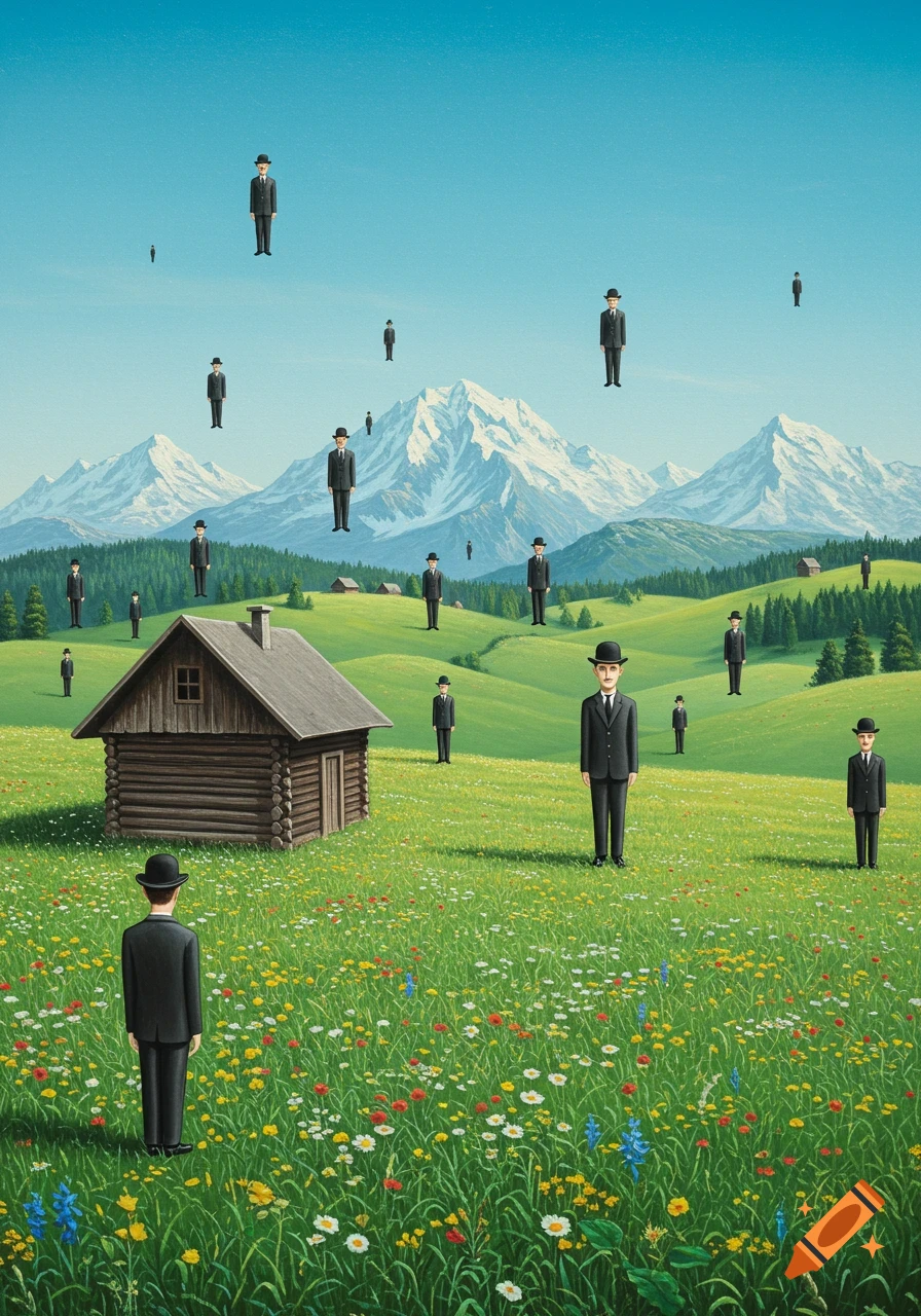 Surrealist painting of identical men in bowler hats standing and floating over a field of flowers with a log cabin and snowy mountains.