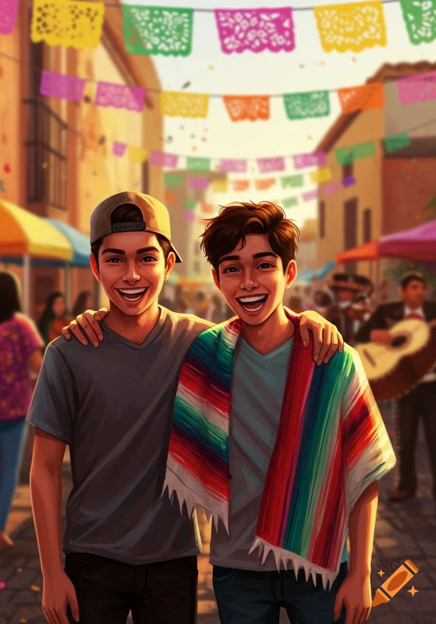Two smiling teen boys embracing in a colorful street festival with papel picado banners, digital illustration.