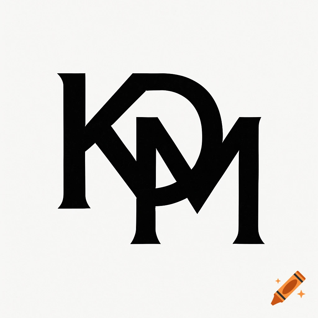 A black monogram blending the letters K, D, and M on a white background.